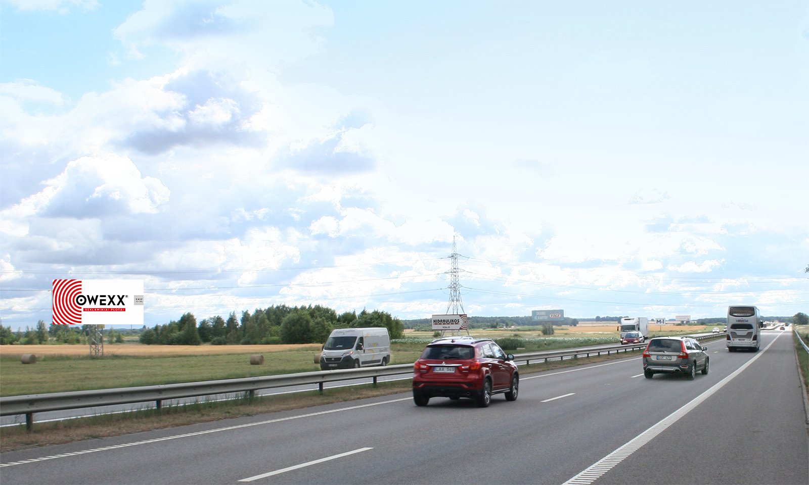 Reklamskylt Klaipėda - Kaunas - Vilnius, 78,0 km till Vilnius (vänster sida) — Reklamos stendas Pagrindiniai keliai