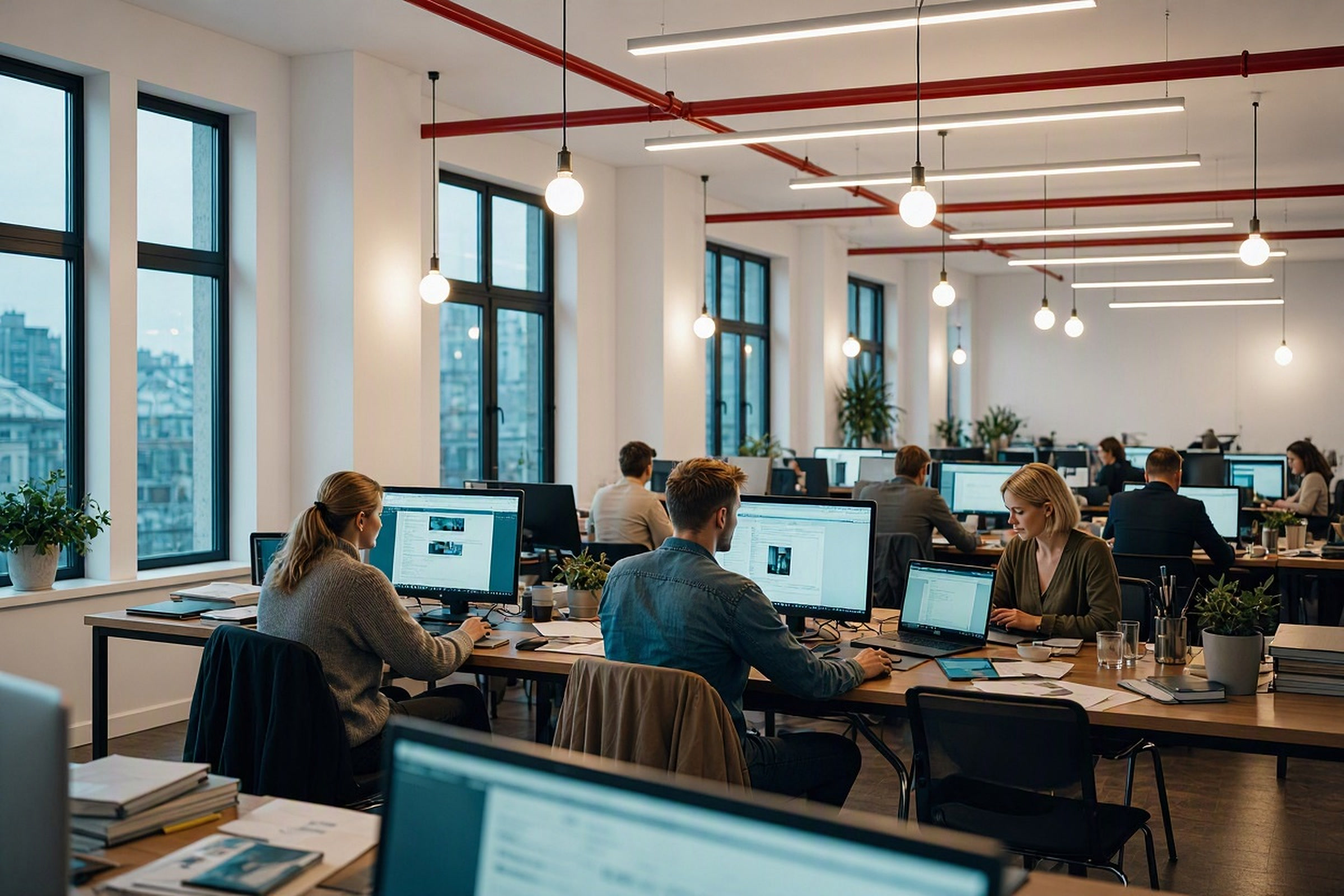 OWEXX komanda dirba atvirame biure prie monitorių